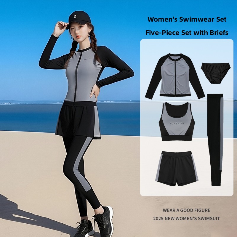 Snorkel Set - ชุดว่ายน้ำแขนยาวสำหรับผู้หญิง ฤดูหนาว 2025 ชุดสี่ชิ้นแบบเรียบร้อย เหมาะสำหรับเล่นเซิร์ฟ ดำน้ำตื้น
